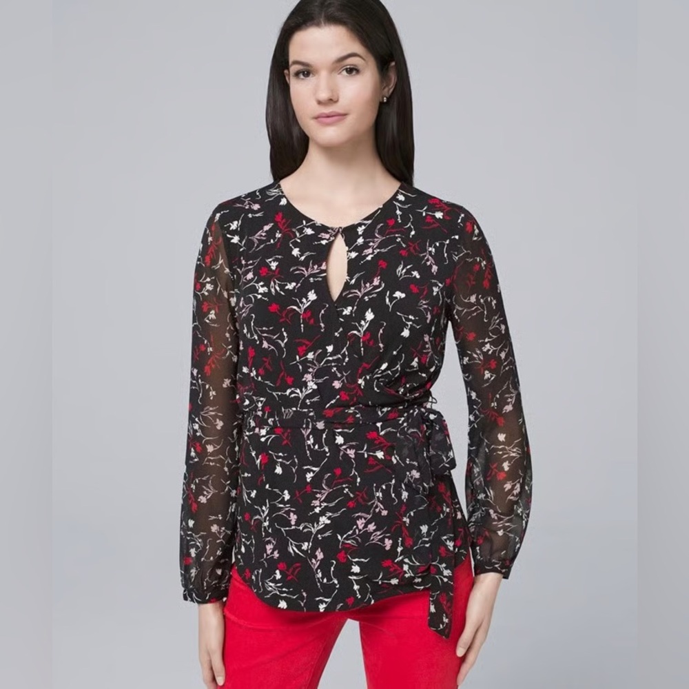 WHBM Woven Sleeve Tie Waist Floral Print Top NWT Black XSP